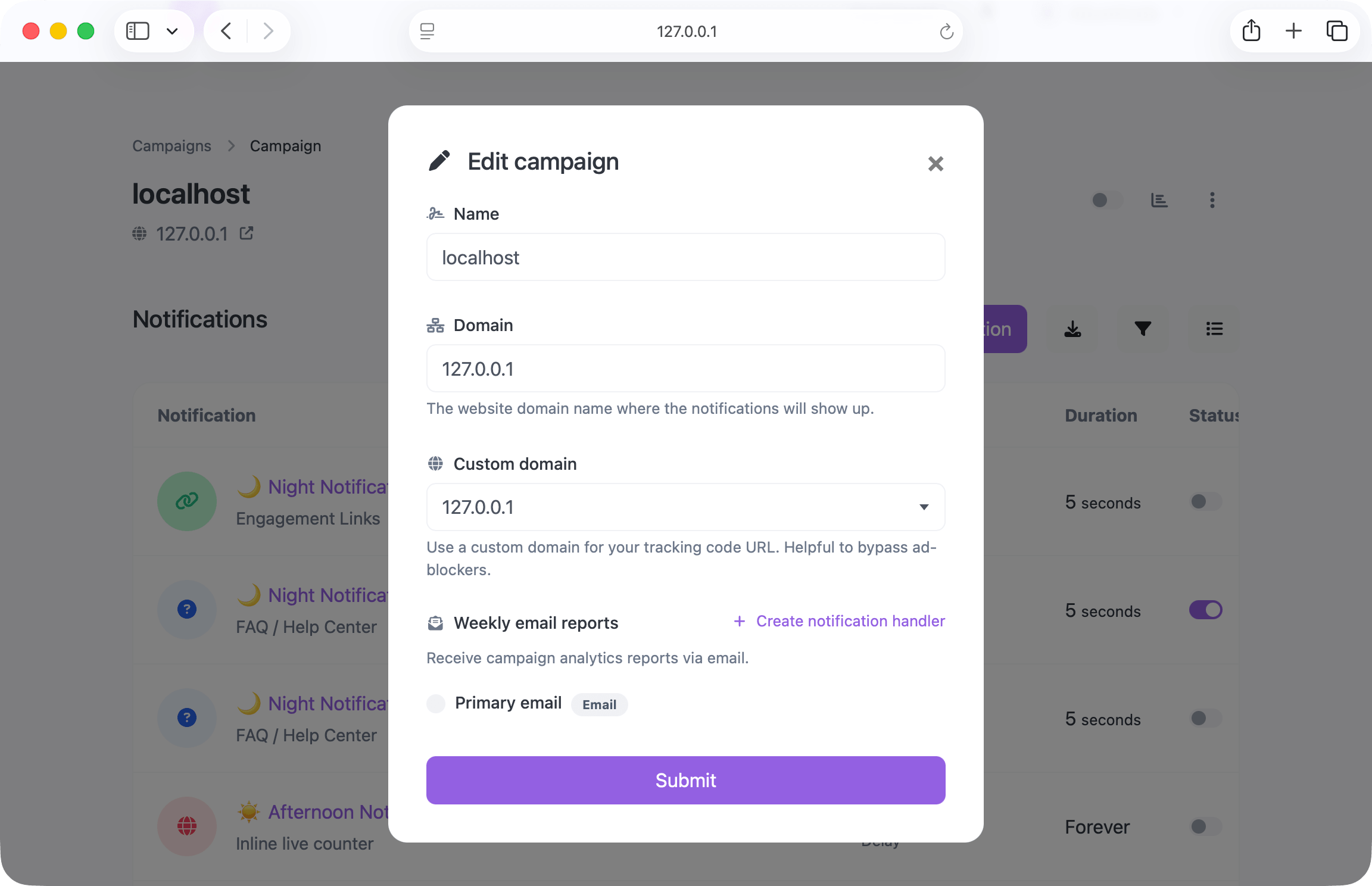 66socialproof screenshot displaying the campaign editing modal
