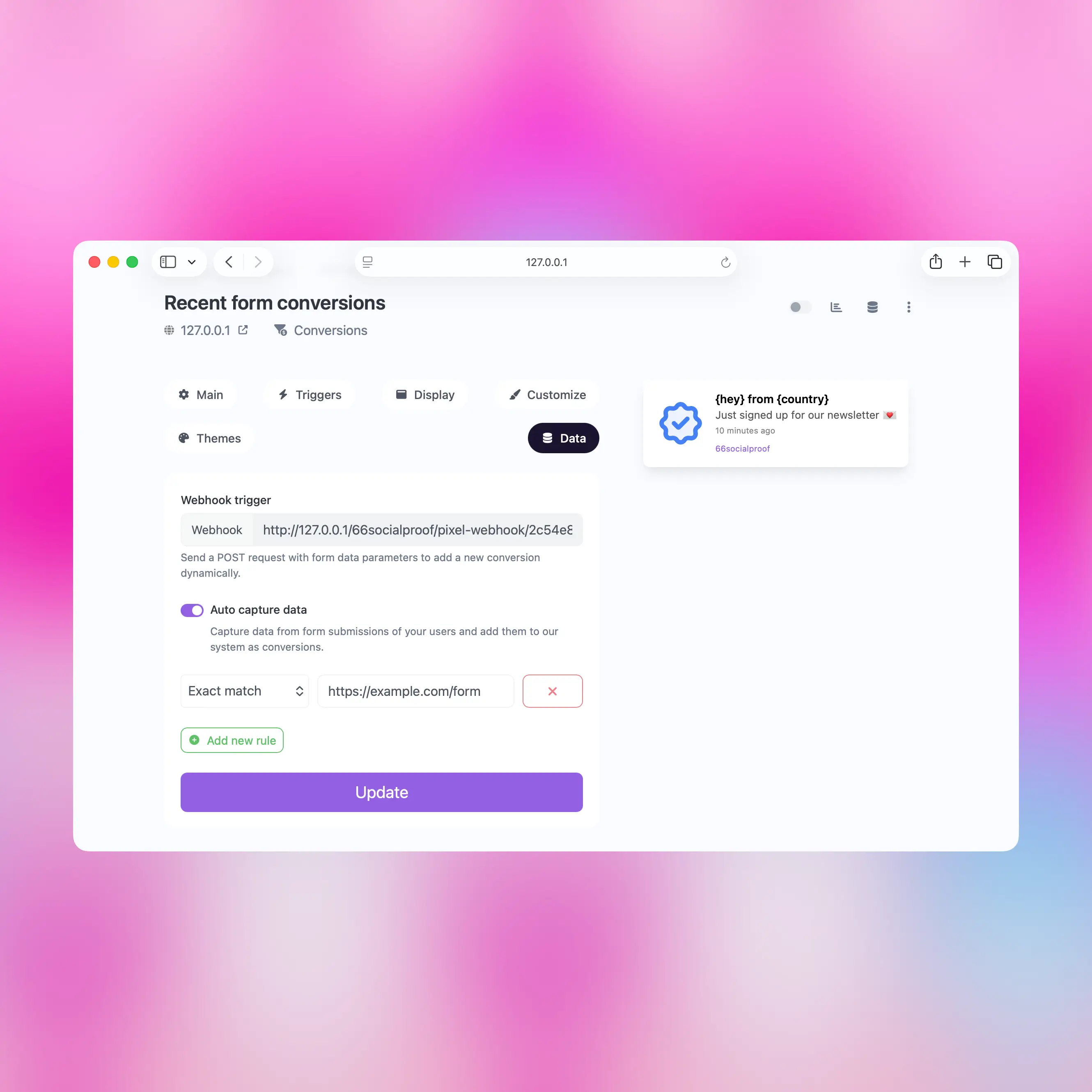 66socialproof screenshot displaying the conversion notification automatic form capturing feature