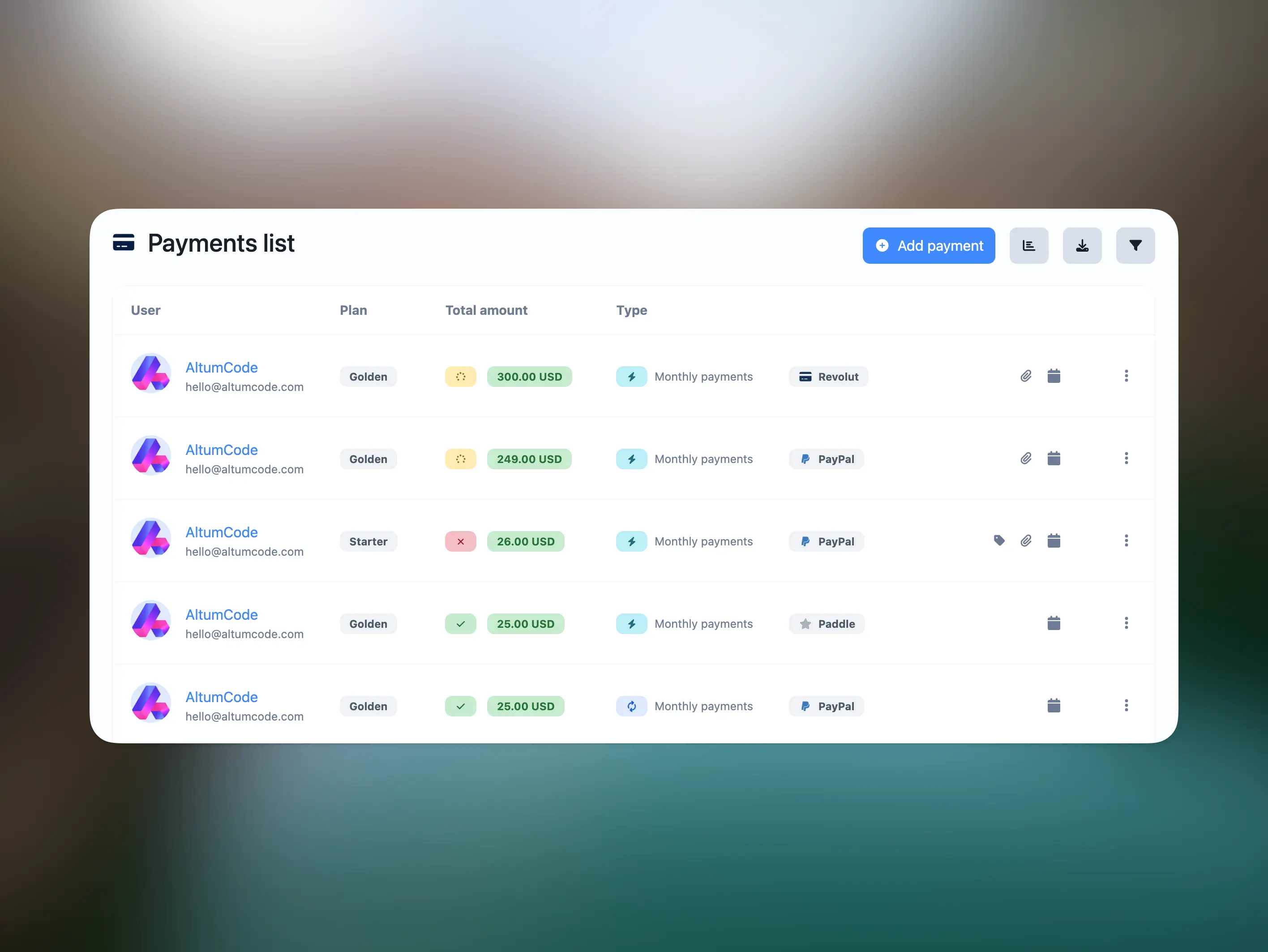 66socialproof admin panel showing the last payments through the SaaS extended license