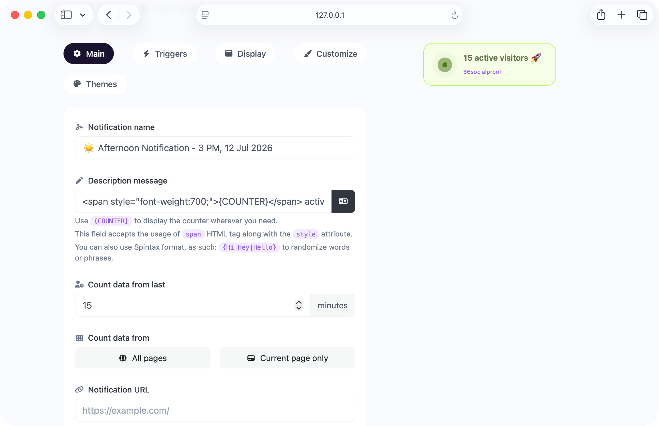 66socialproof screenshot displaying the editing page of a dynamic widget