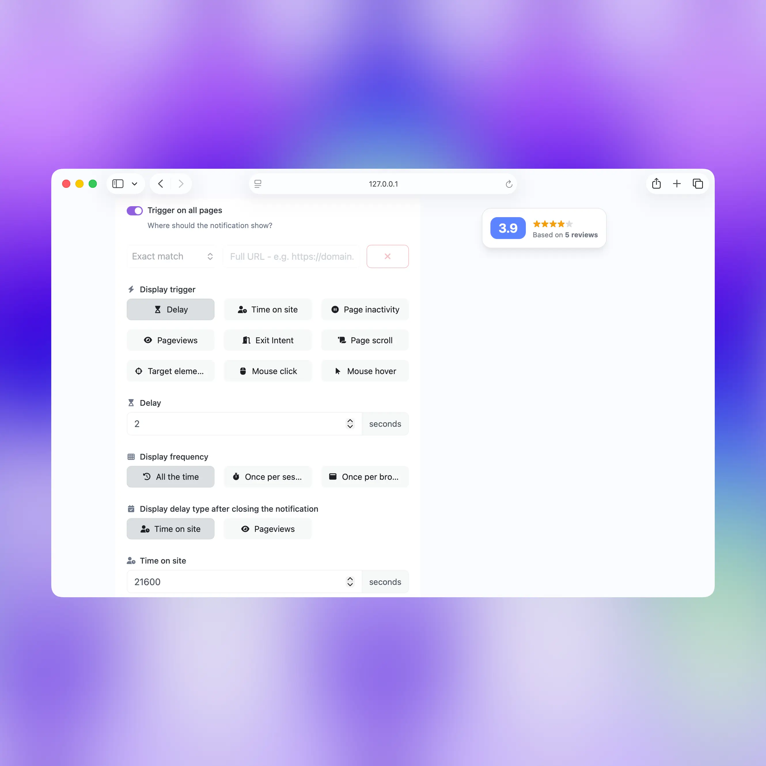 66socialproof screenshot of the widget editing page showing the triggers options for notifications